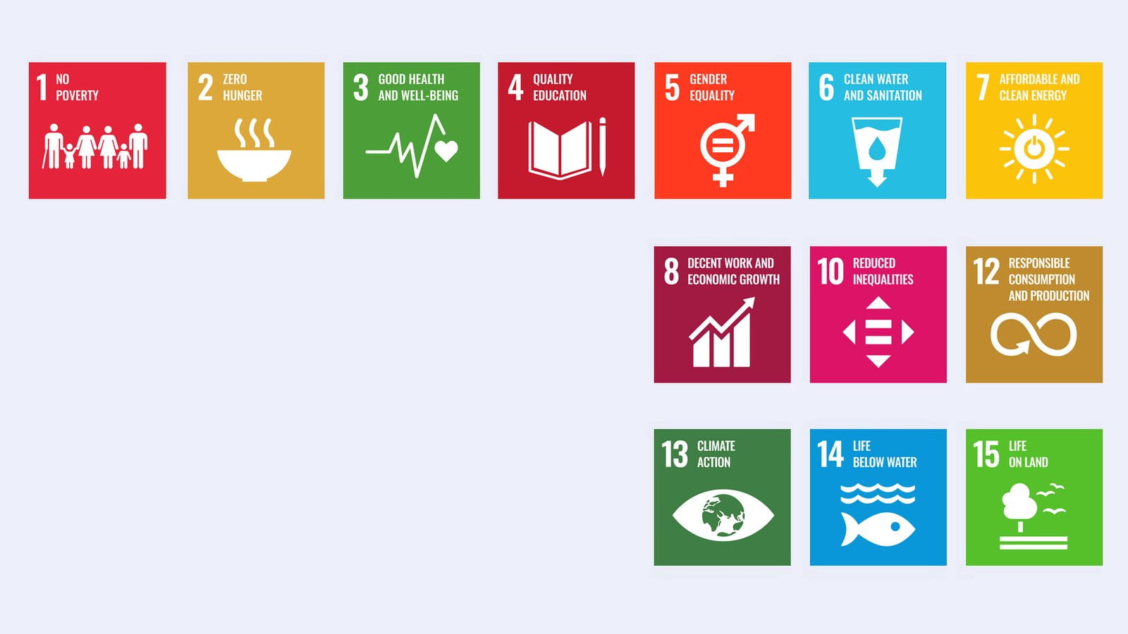 Grid of colorful icons representing the United Nations Sustainable Development Goals, including symbols for health, education, gender equality, innovation, reduced inequalities, and partnerships.
